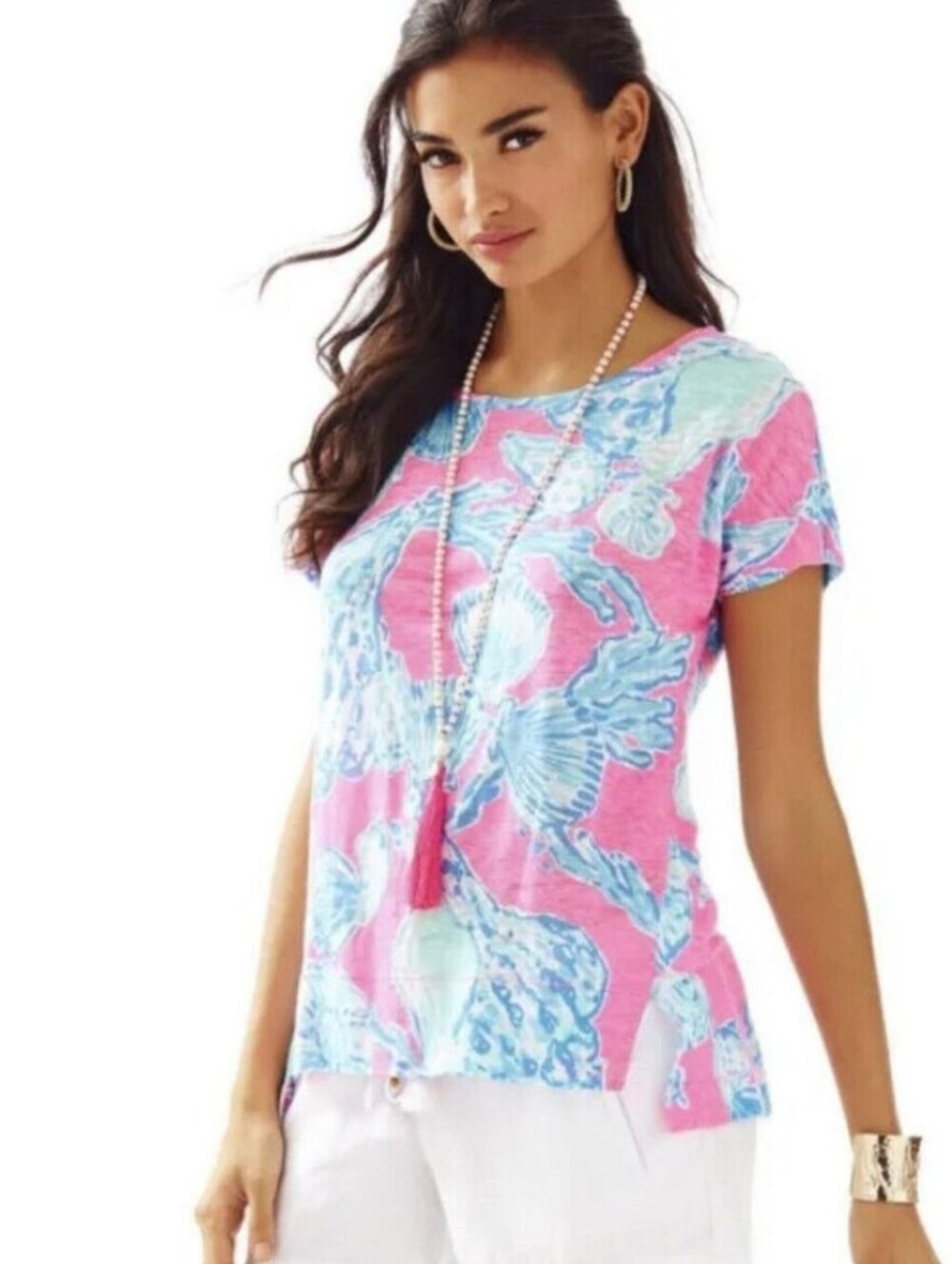 Lilly Pulitzer Mikela Top Pink Pout Barefoot Princess Blue Shells 100% Linen Top